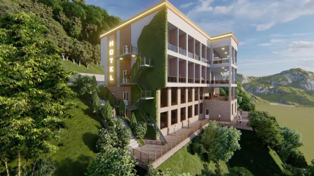 Hôtel aux façades végétalisées dans un paysage de collines, architecture Sevid Build