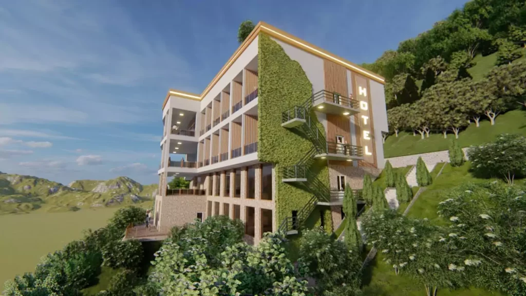 Hôtel à balcons filants et façade végétalisée, architecture Sevid Build
