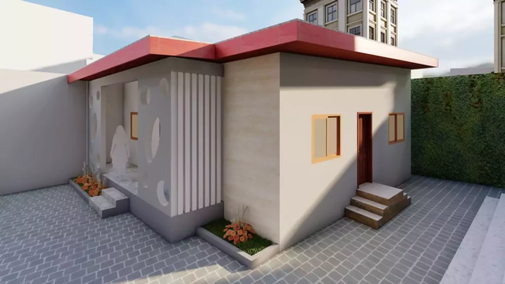 Maison compacte à toiture rouge et escalier d'entrée, architecture Sevid Build