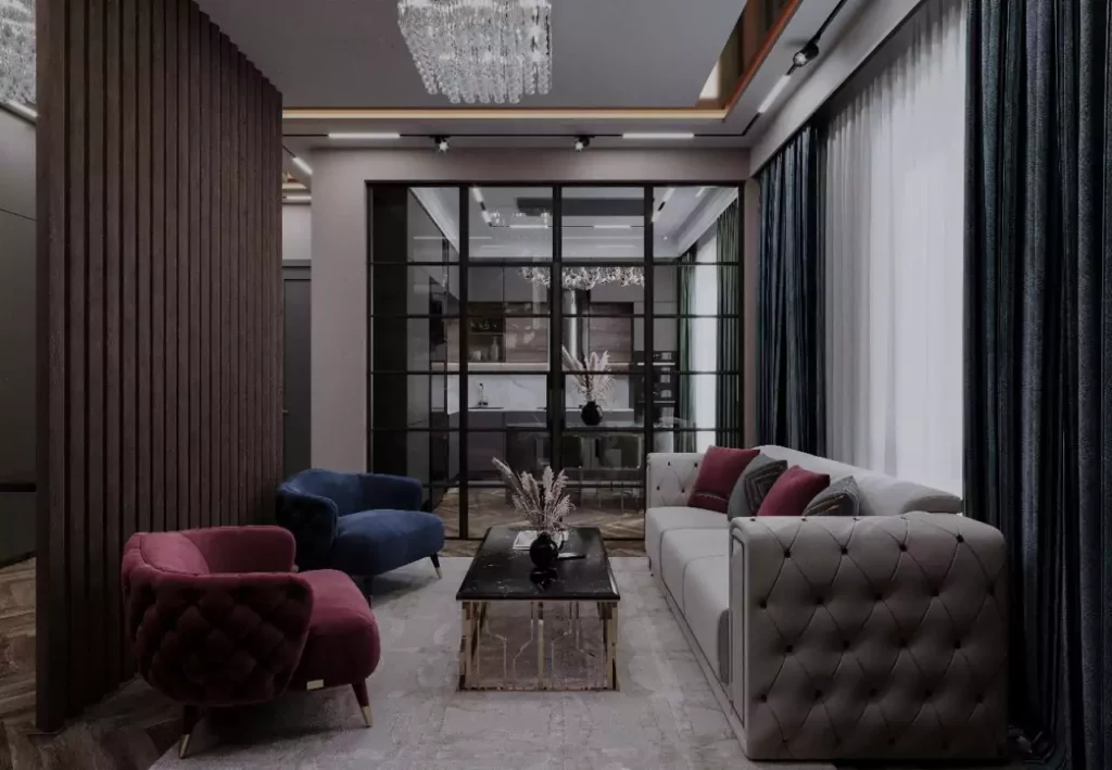Design d'intérieur d'un séjour contemporain avec verrière, par Sevid Build