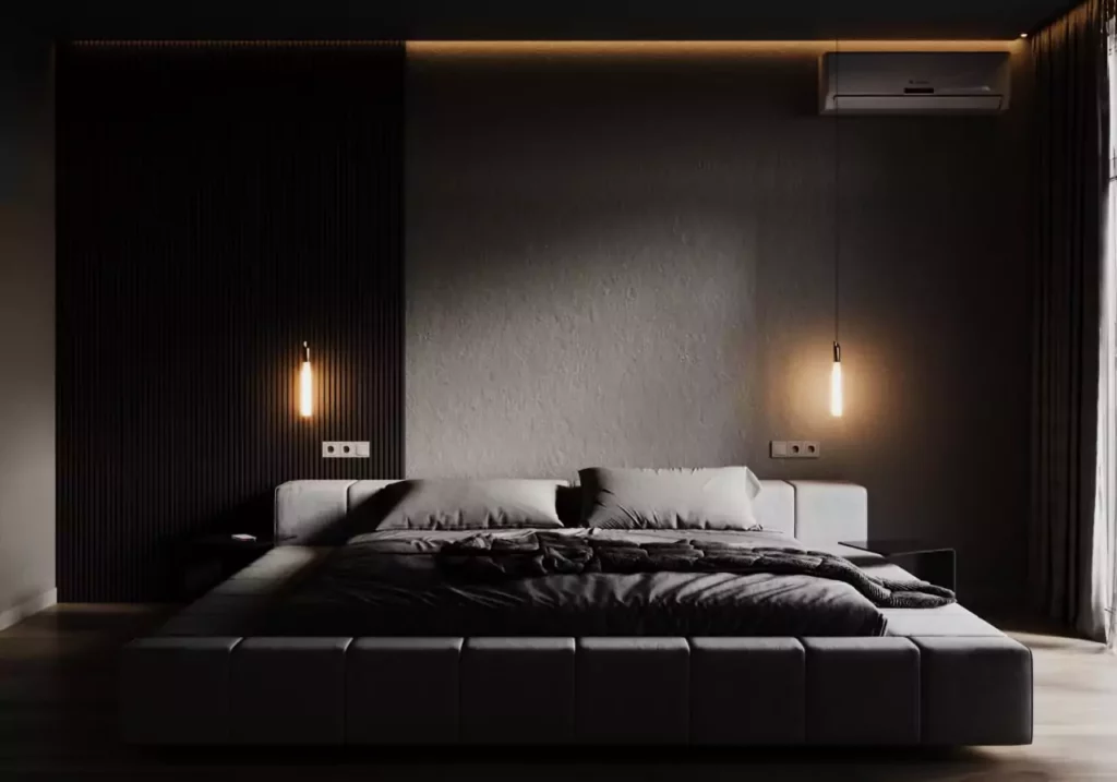 Chambre minimale sombre – design d'intérieur Sevid Build