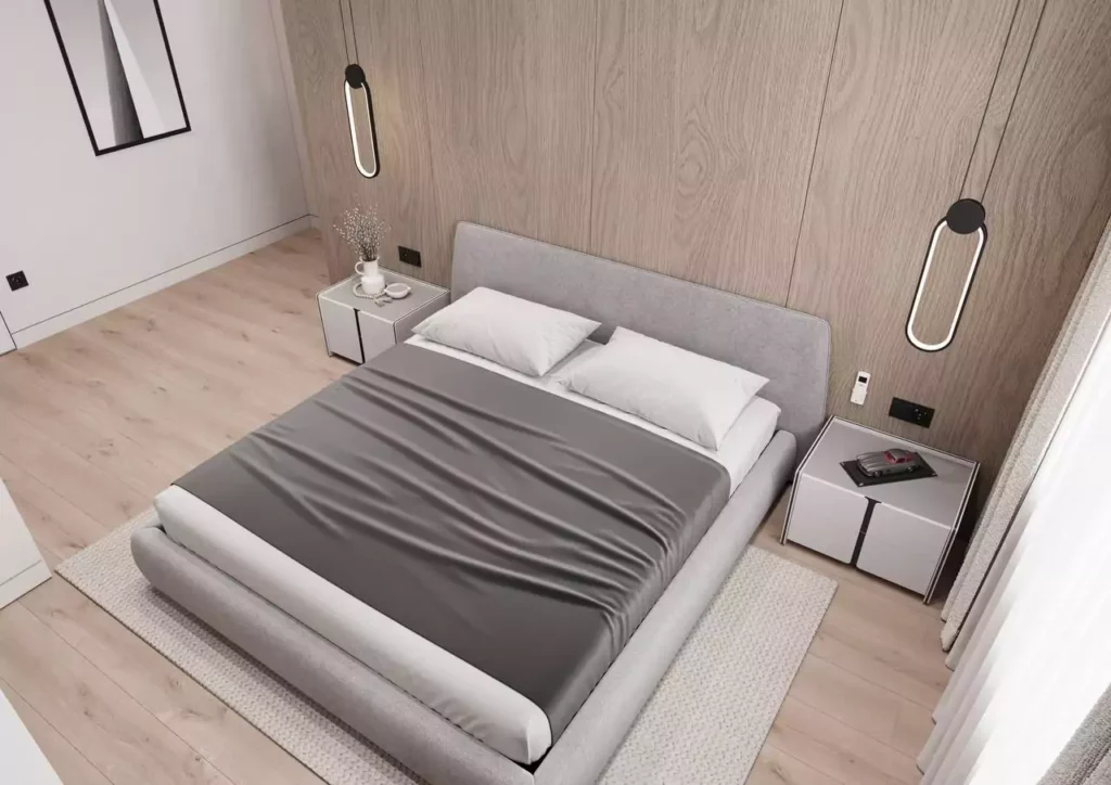 Chambre japandi aux panneaux de chêne – design d'intérieur Sevid Build