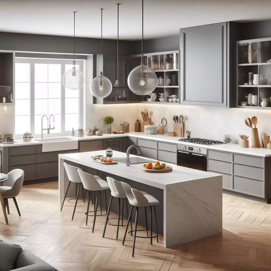Cuisine en L contemporaine avec îlot, conçue et fabriquée par Sevid Build