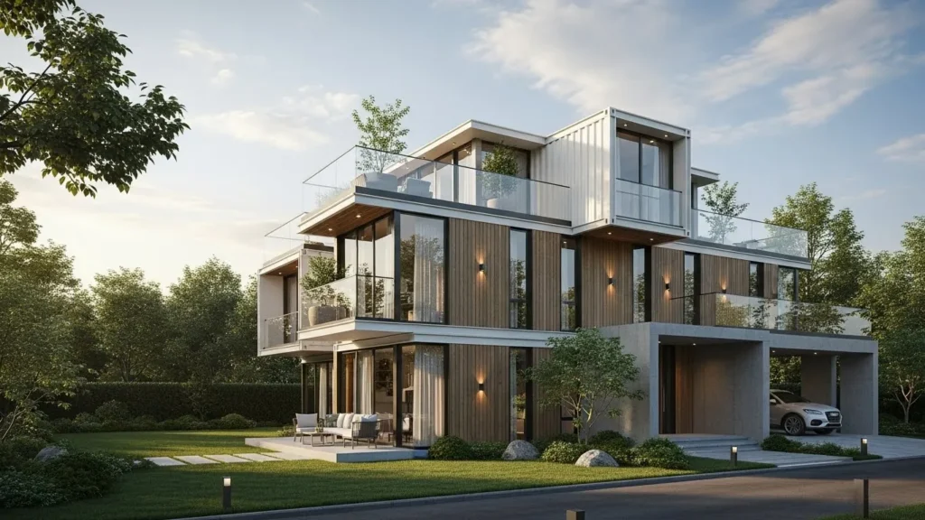 Maison contemporaine à étages avec grandes baies et bardage bois, rendu Sevid Build