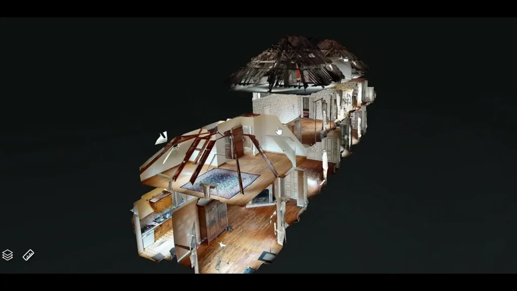 Maquette 3D d'une maison existante issue d'un scan laser, vue en coupe des pièces