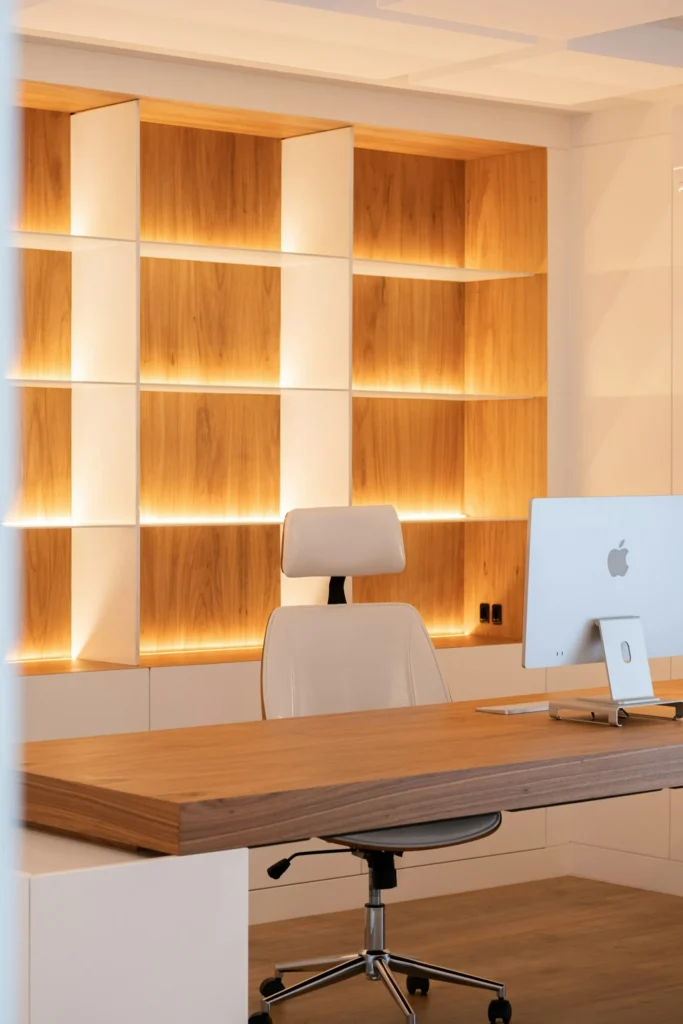 Bureau de direction épuré avec bibliothèque en bois rétroéclairée
