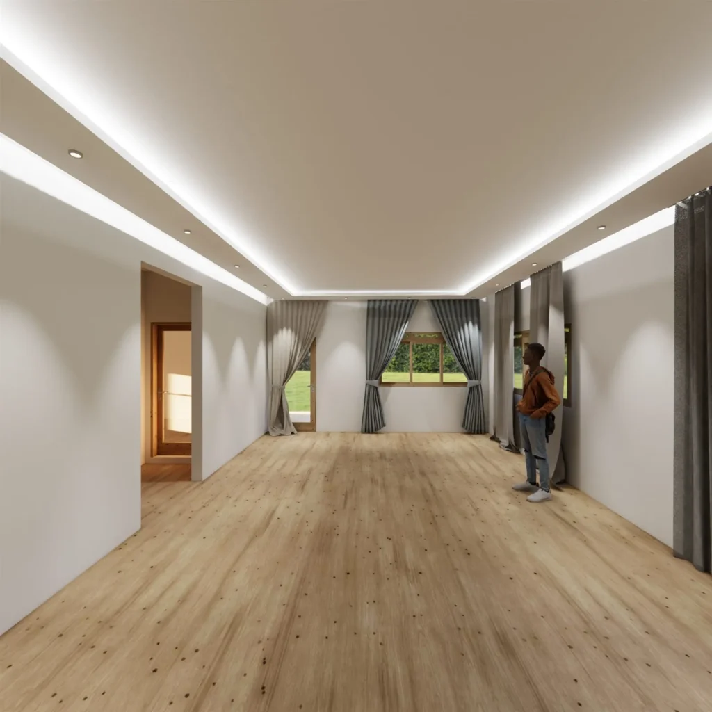 Faux plafond en placoplâtre à gorge lumineuse périphérique dans un séjour, rendu 3D