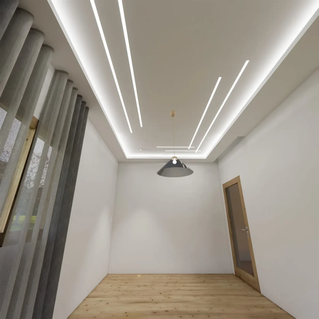 Faux plafond en placoplâtre à lignes lumineuses encastrées dans un séjour, rendu 3D