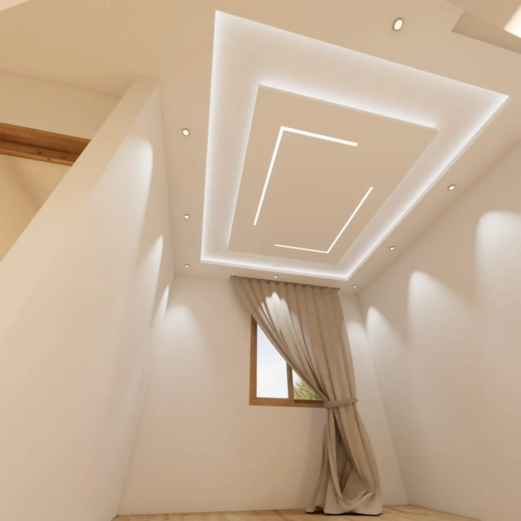 Caisson lumineux en placoplâtre avec lignes LED encastrées dans une chambre, rendu 3D