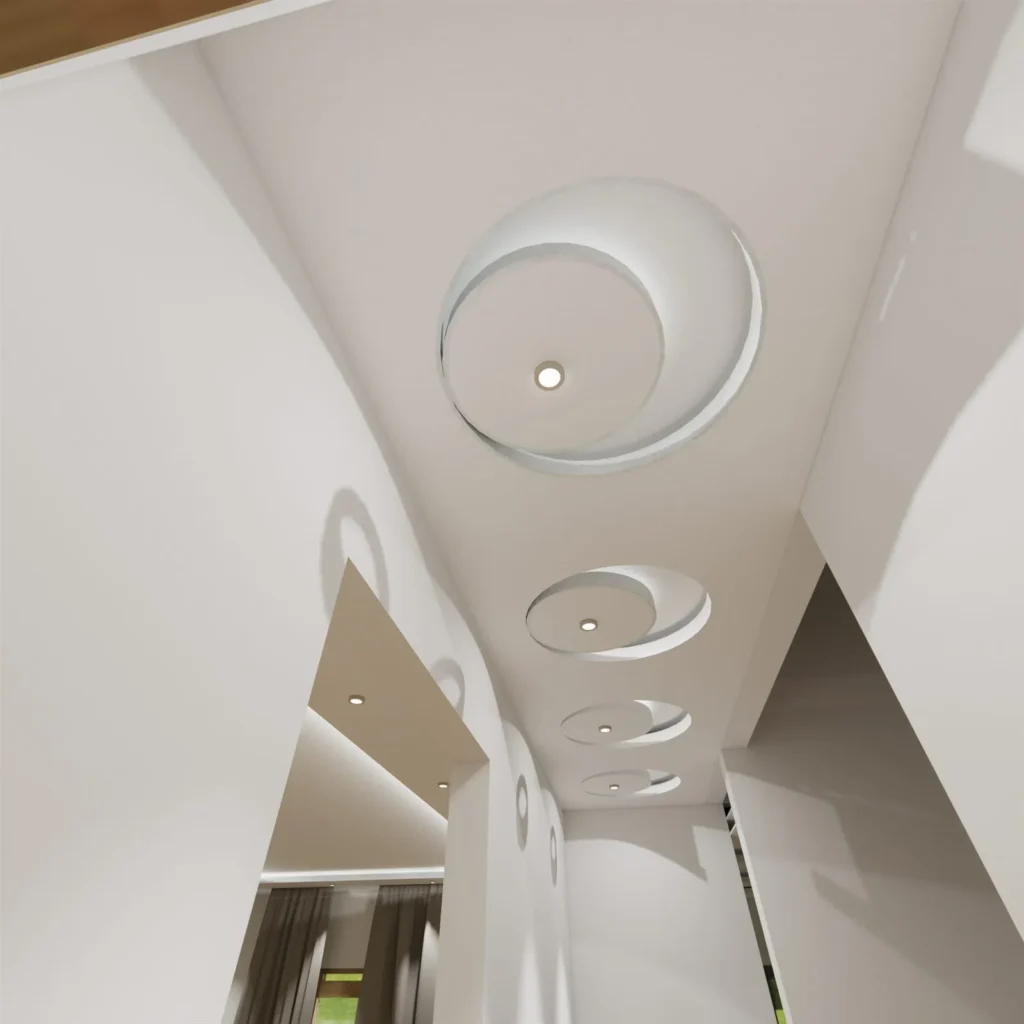 Faux plafond en placoplâtre à cercles lumineux dans un couloir, rendu 3D