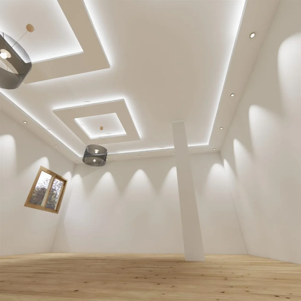 Faux plafond décaissé en placoplâtre avec gorges lumineuses dans une cuisine, rendu 3D