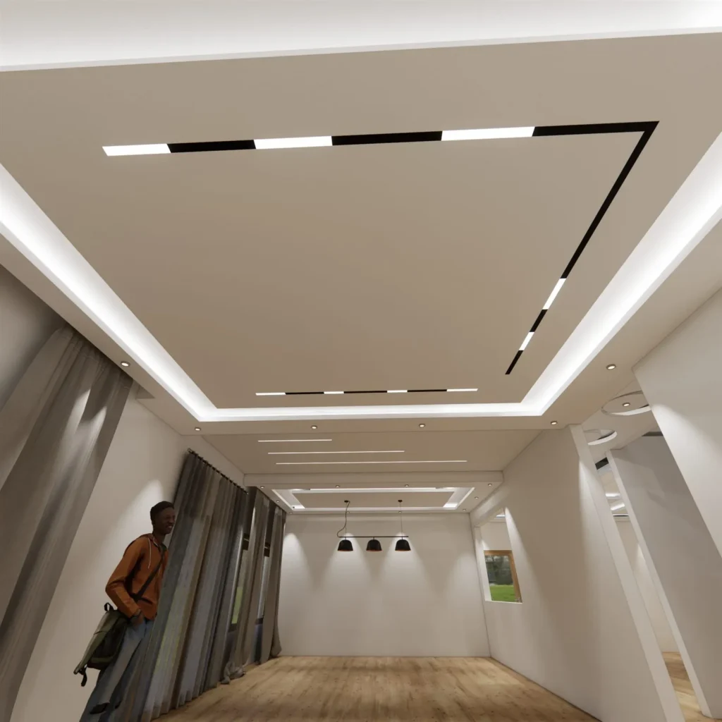 Faux plafond en placoplâtre décaissé avec gorge lumineuse et lignes LED, rendu 3D Sevid Build