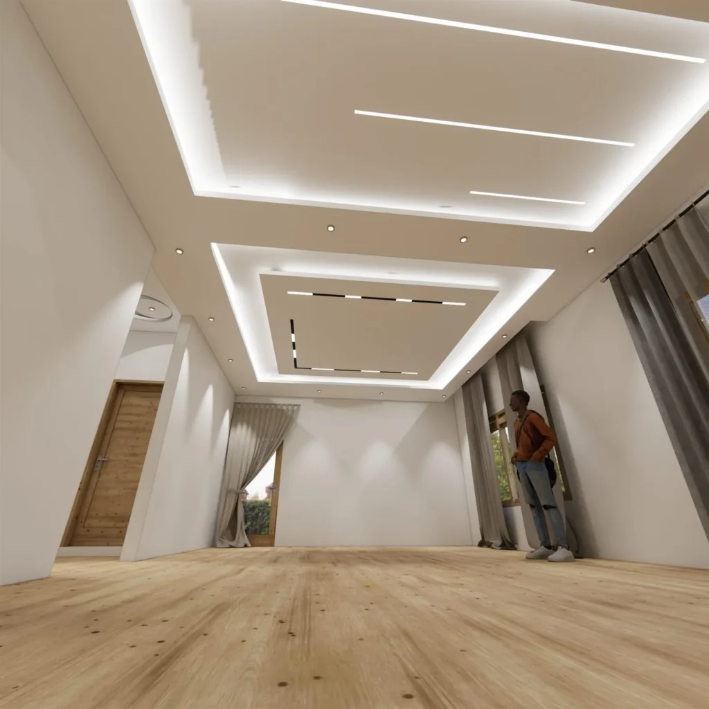 Séjour au faux plafond en placoplâtre à caissons lumineux, rendu 3D Sevid Build
