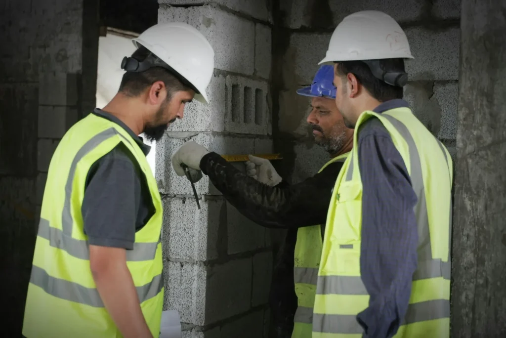 Ingénieurs contrôlant la qualité d'un ouvrage en béton sur chantier