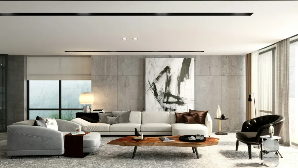 Salon de luxe avec mur en béton et finitions haut de gamme