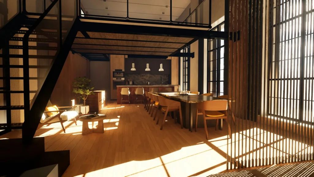 Loft avec escalier en acier noir, parquet en bois et lumière naturelle