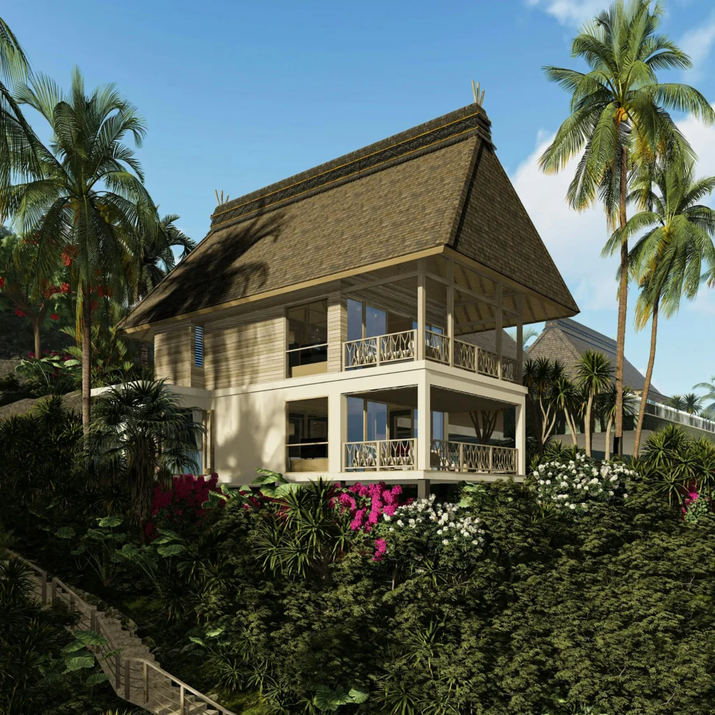 Maison en bois sur terrain en pente entourée de palmiers