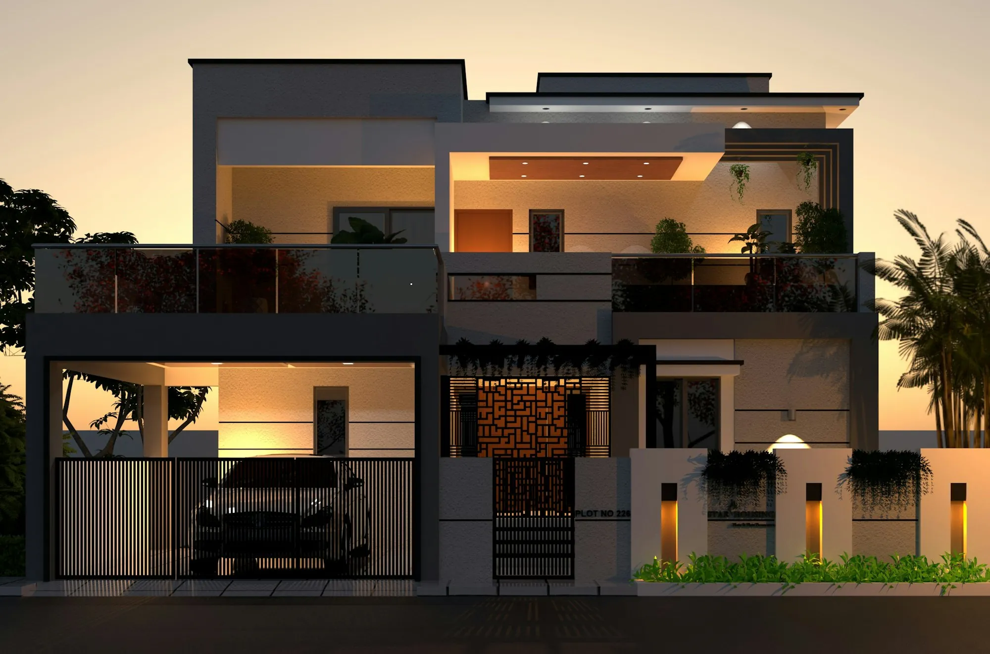 Maison duplex contemporaine avec éclairage de façade