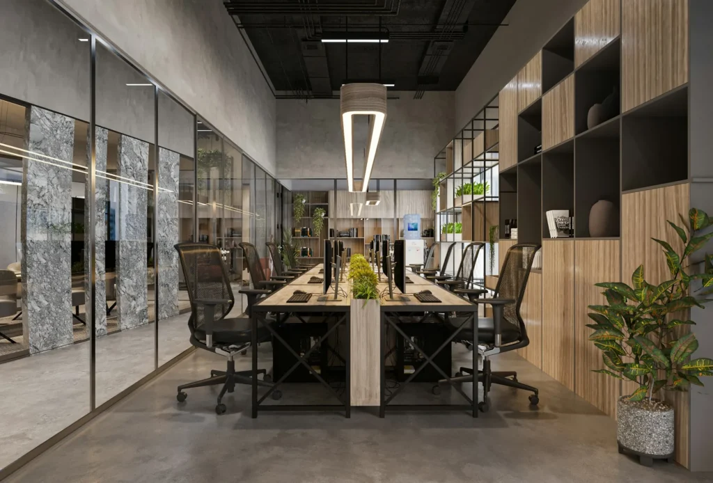 Open space contemporain avec postes de travail, cloisons vitrées et rangements en bois