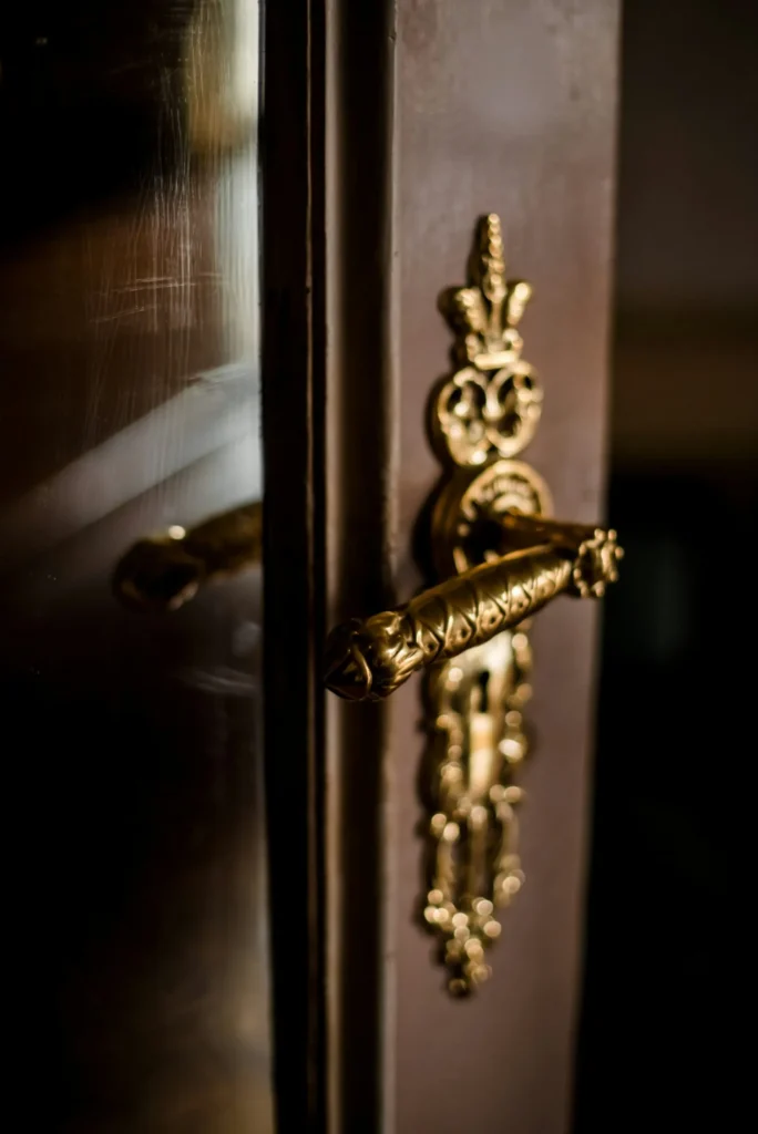 Poignée en laiton sur une porte en bois sombre