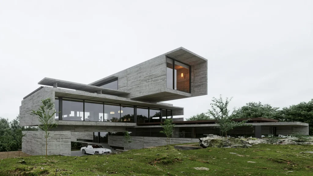 Villa en béton avec grand porte-à-faux, architecture contemporaine