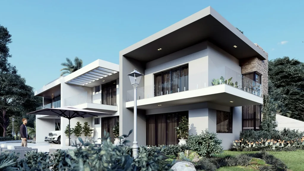 Villa R+1 contemporaine blanche avec toitures en débord